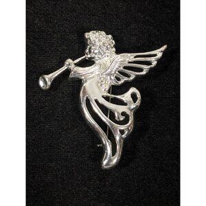 Vintage‎ Signed SFJ Silver Tone Angel Trumpet Open Work Pin Brooch